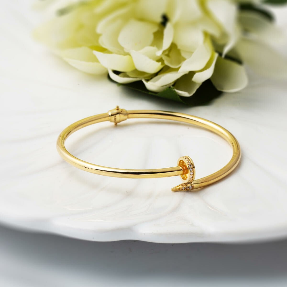 14K Yellow Gold Studded Hinged Cuff Cubic Zirconia Bangle