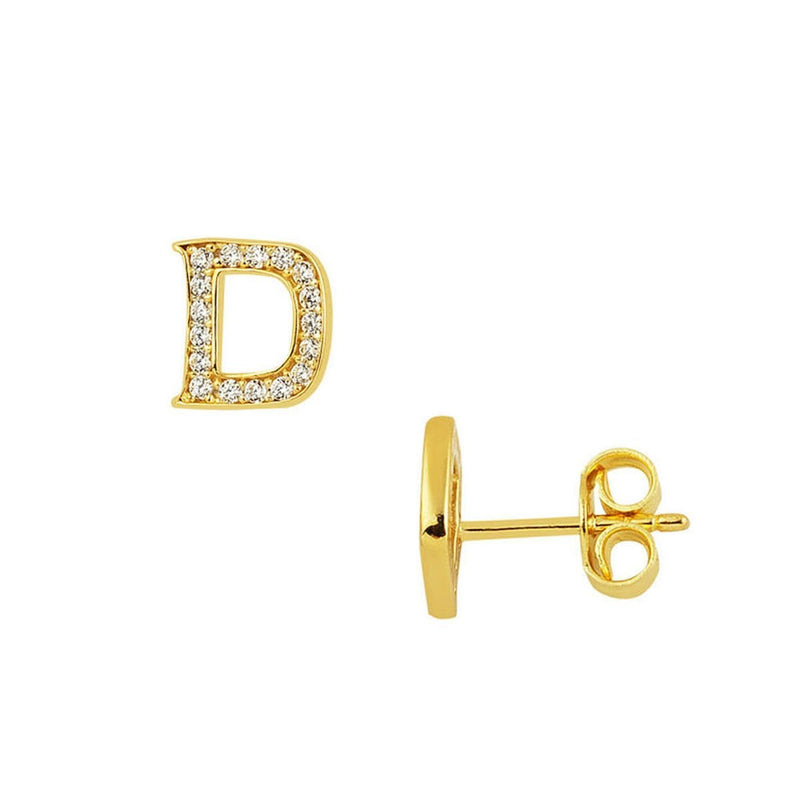 14K Yellow Gold Initial D Studded Cubic Zirconia Earrings
