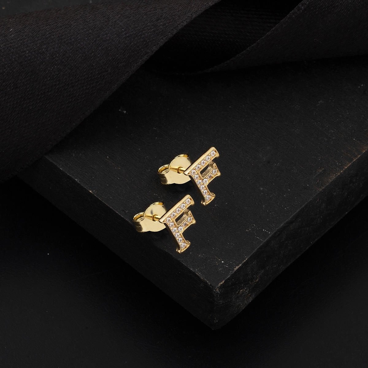 14K Yellow Gold Initial F Minimalist Cubic Zirconia Earrings