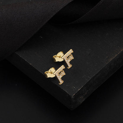 14K Yellow Gold Initial F Minimalist Cubic Zirconia Earrings