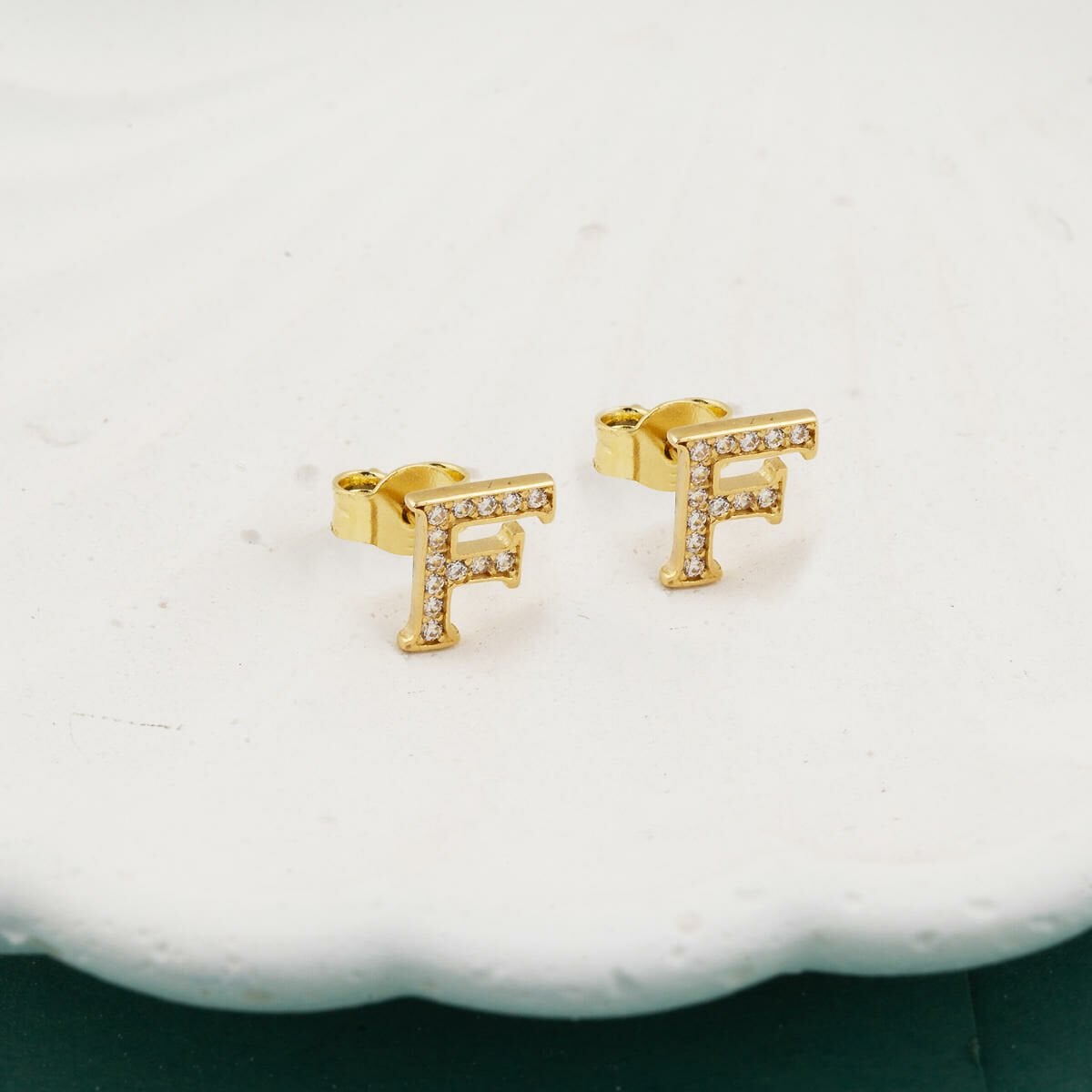 14K Yellow Gold Initial F Minimalist Cubic Zirconia Earrings