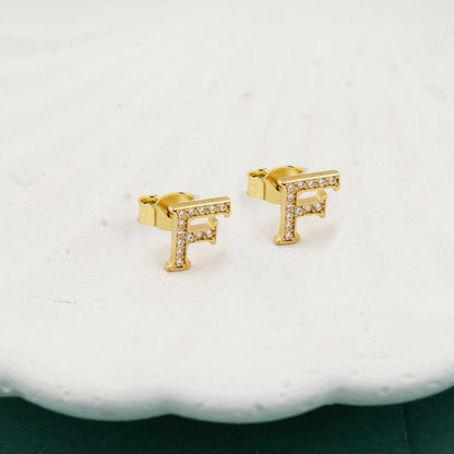 14K Yellow Gold Initial F Minimalist Cubic Zirconia Earrings