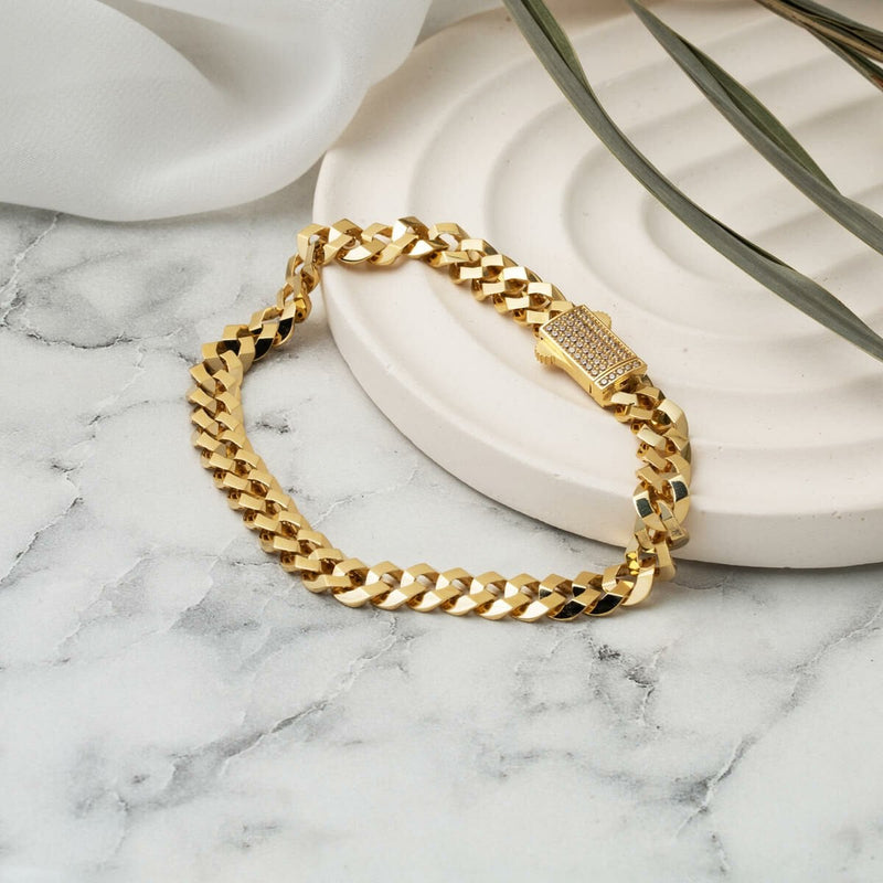 14K Yellow Gold Modern Curb Buckle Cubic Zirconia Bracelet