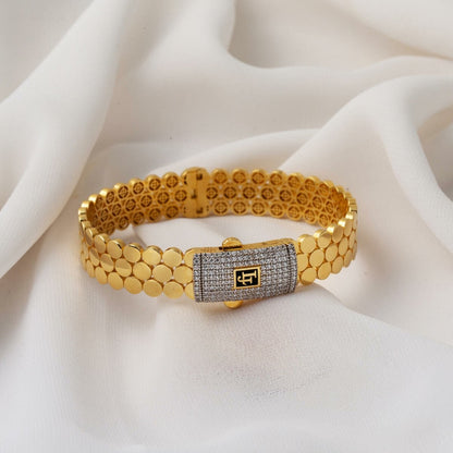 14K Yellow Gold Round Patterned Cubic Zirconia Hinged Cuff Bangle