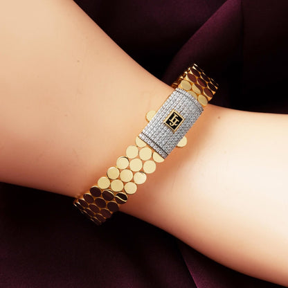 14K Yellow Gold Round Patterned Cubic Zirconia Hinged Cuff Bangle