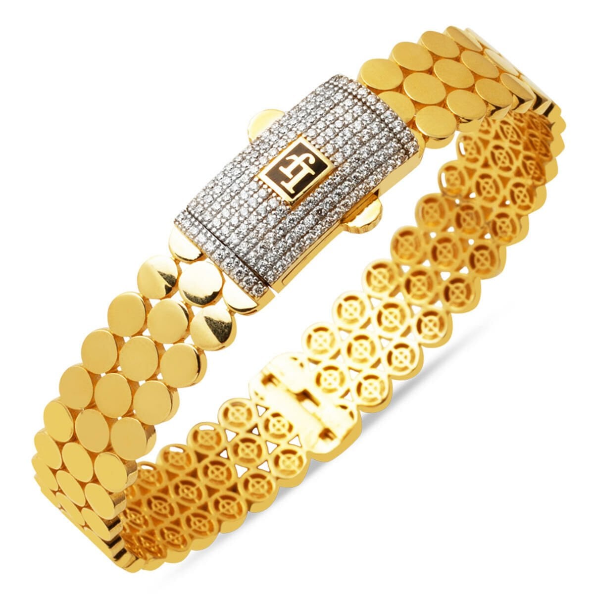 14K Yellow Gold Round Patterned Cubic Zirconia Hinged Cuff Bangle