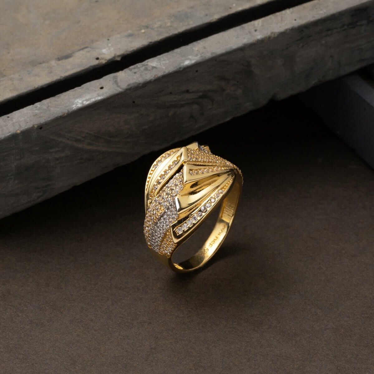 14K Yellow Gold Trendy Design Cubic Zirconia Ring