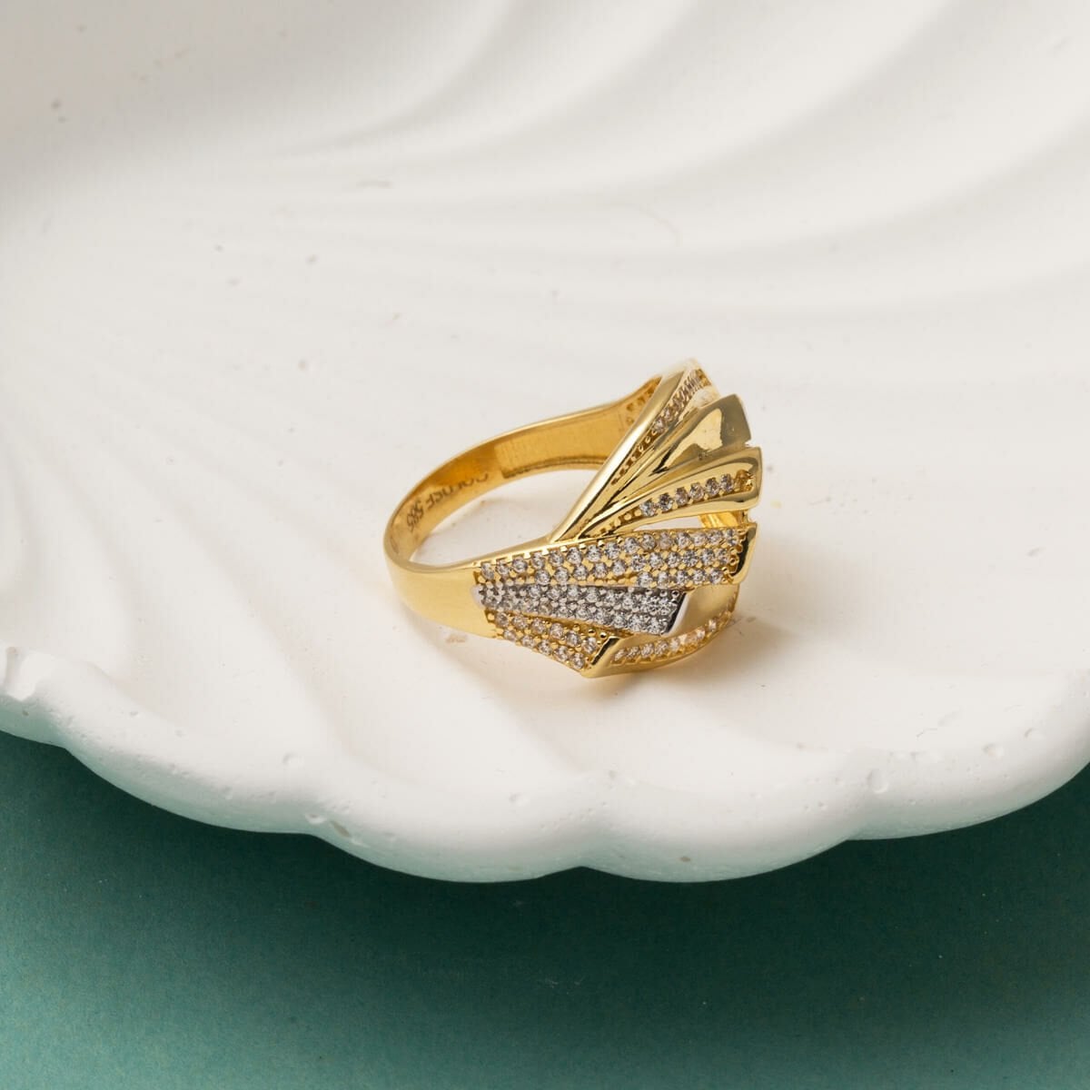 14K Yellow Gold Trendy Design Cubic Zirconia Ring