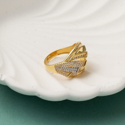 14K Yellow Gold Trendy Design Cubic Zirconia Ring