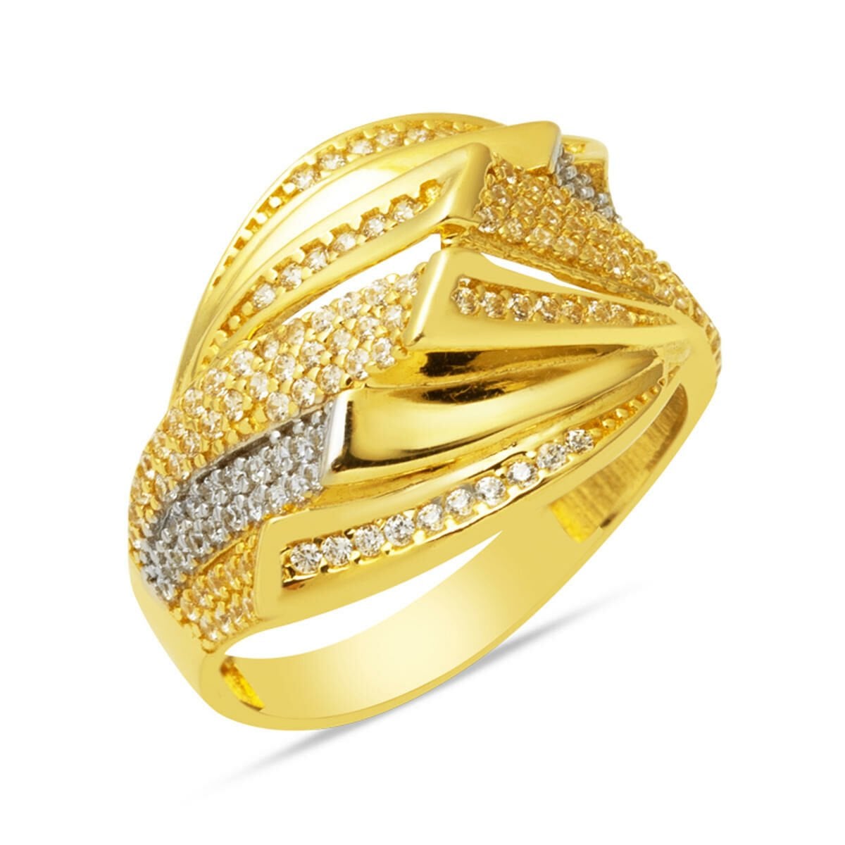 14K Yellow Gold Trendy Design Cubic Zirconia Ring