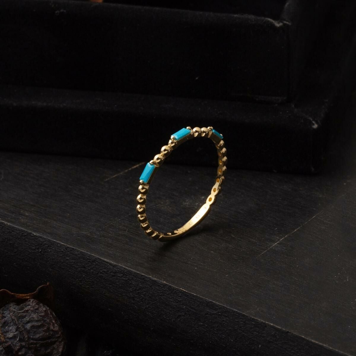 14K Yellow Gold Tria Baguette Turquoise Cubic Zirconia Ring