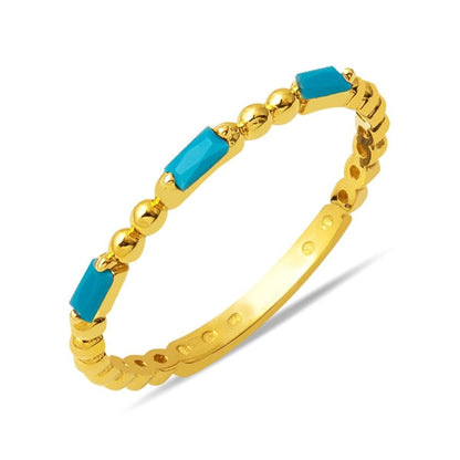14K Yellow Gold Tria Baguette Turquoise Cubic Zirconia Ring