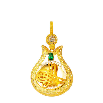 14K Yellow Gold Ottoman Tughra Cubic Zirconia Pendant