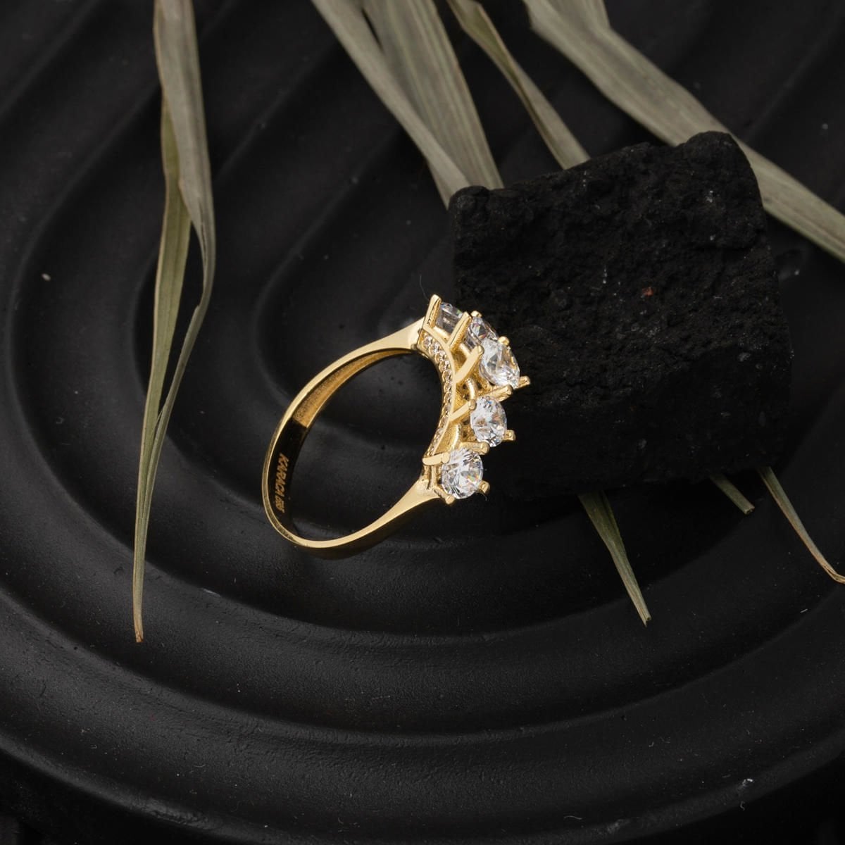 14K Yellow Gold Side Cubic Zirconia Five Stone Ring