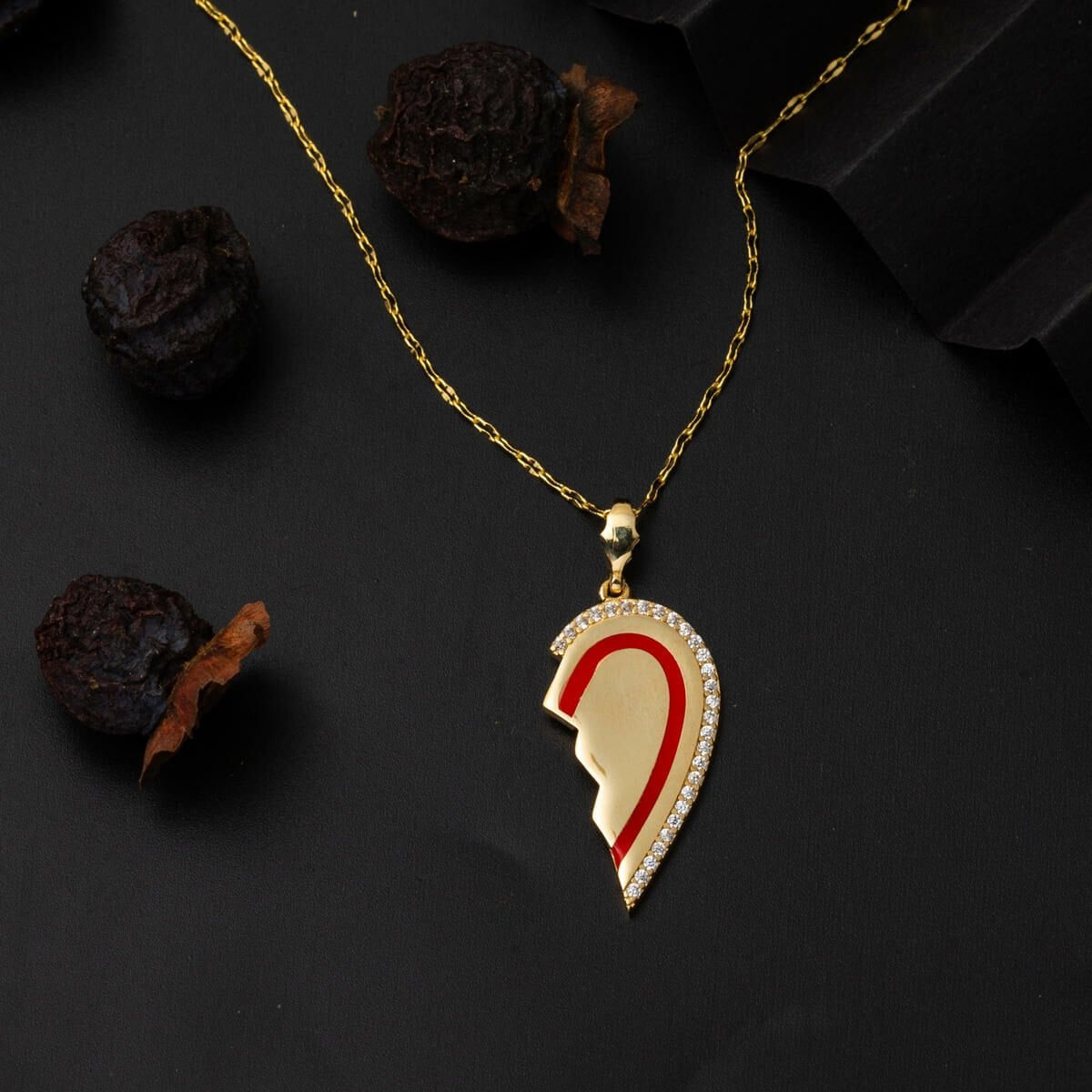 14K Yellow Gold Half Heart Cubic Zirconia Necklace