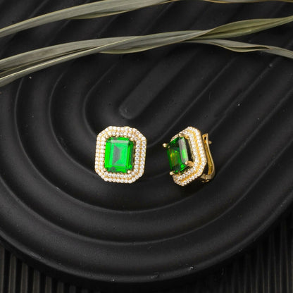 14K Yellow Gold Green Large Baguette Cubic Zirconia Earrings
