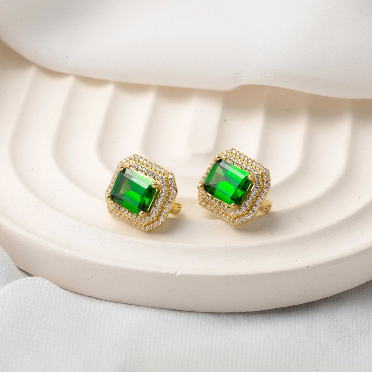 14K Yellow Gold Green Large Baguette Cubic Zirconia Earrings