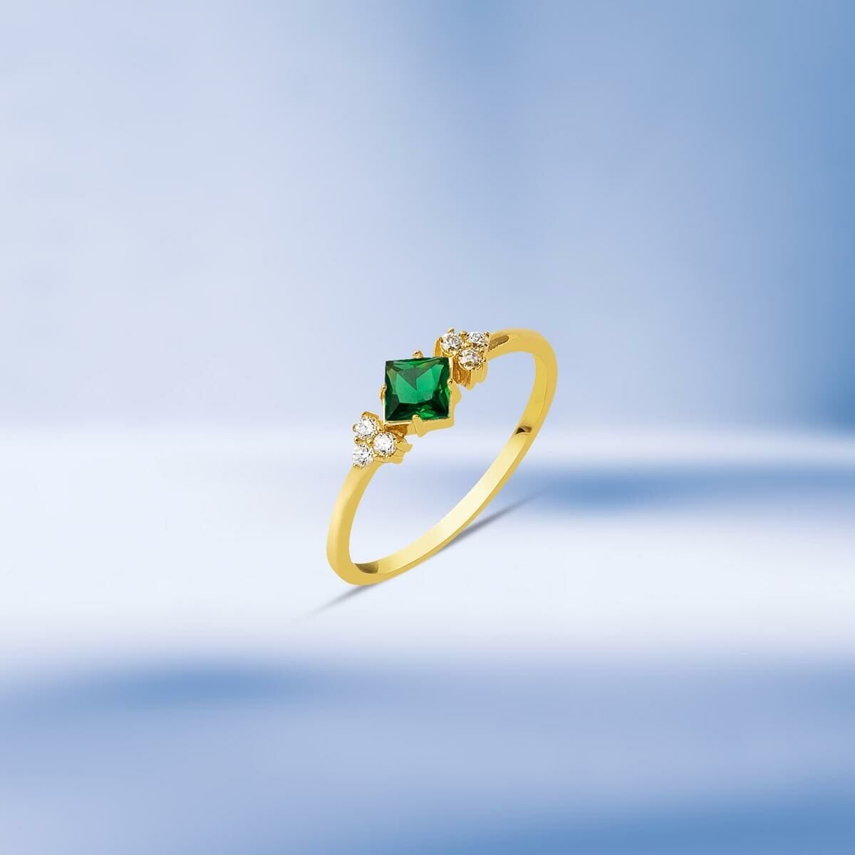 14K Yellow Gold Green Square Cubic Zirconia Ring
