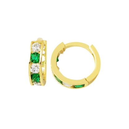 14K Yellow Gold Green Cubic Zirconia Hoop Children's Earrings