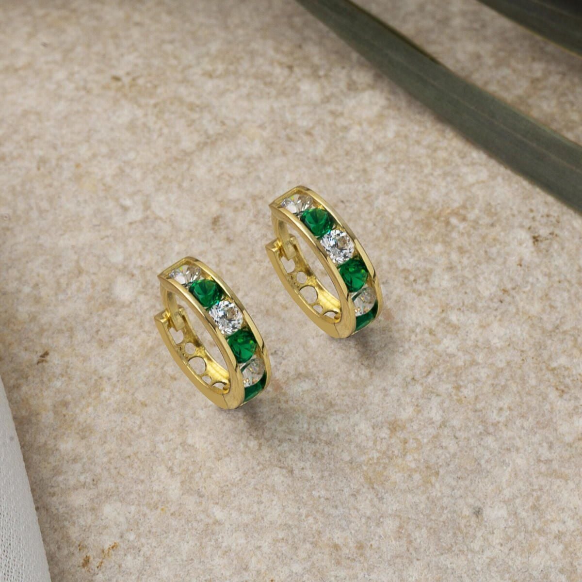 14K Yellow Gold Green Cubic Zirconia Hoop Children's Earrings