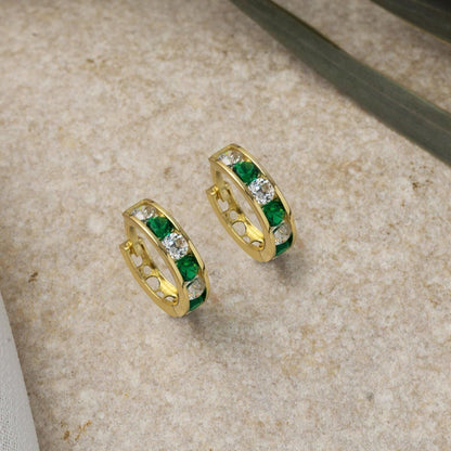 14K Yellow Gold Green Cubic Zirconia Hoop Children's Earrings