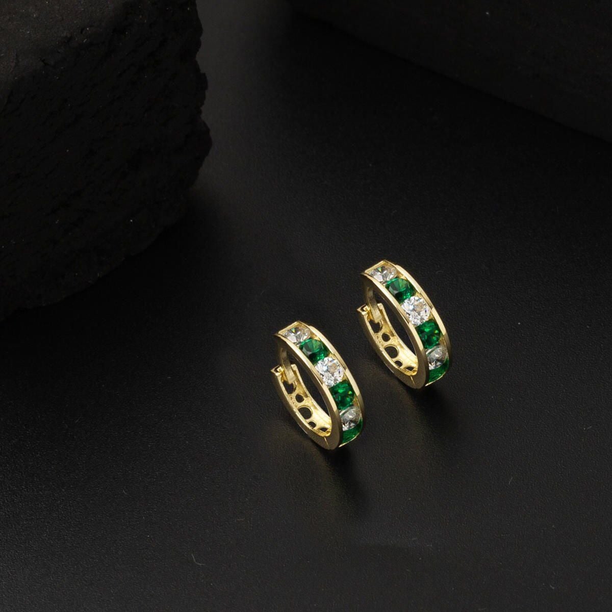 14K Yellow Gold Green Cubic Zirconia Hoop Children's Earrings