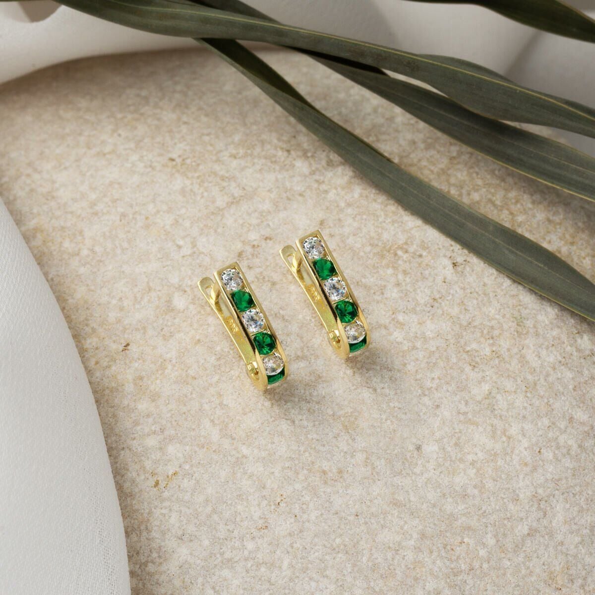 14K Yellow Gold Green Cubic Zirconia J Children's Earrings