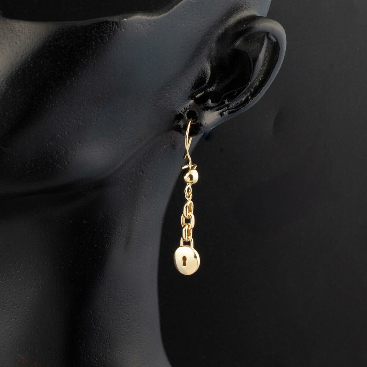 14K Yellow Gold Round Lock Dangle Earrings