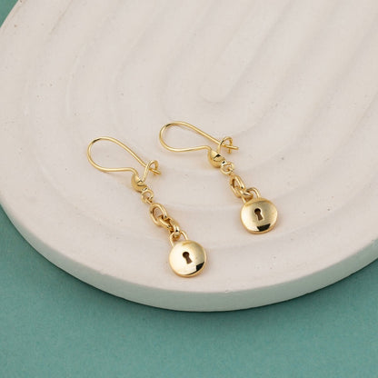 14K Yellow Gold Round Lock Dangle Earrings