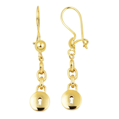 14K Yellow Gold Round Lock Dangle Earrings