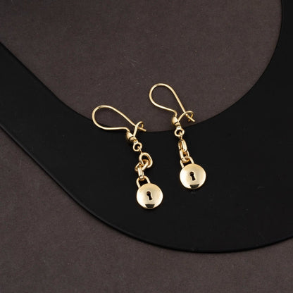14K Yellow Gold Round Lock Dangle Earrings