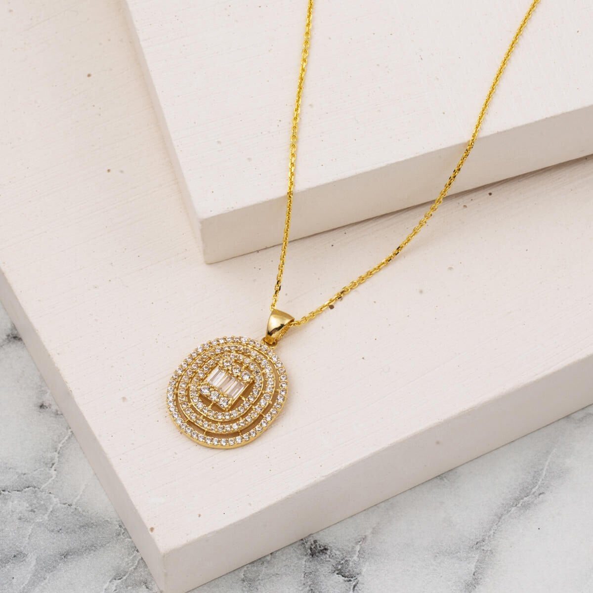 14K Yellow Gold Round Design Baguette Cubic Zirconia Necklace