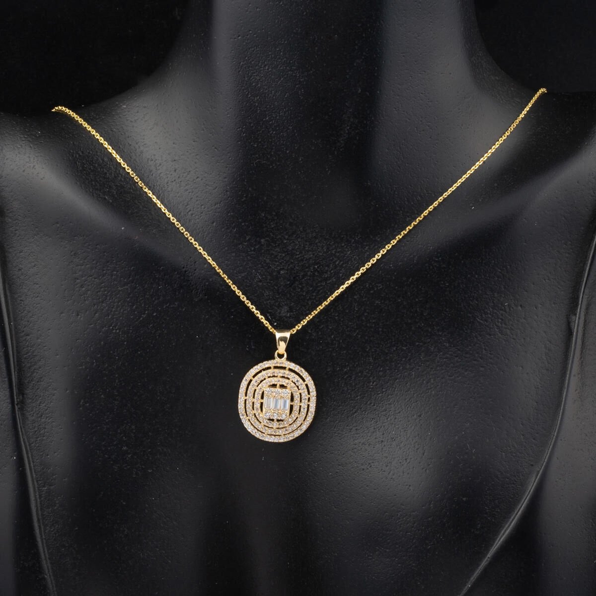 14K Yellow Gold Round Design Baguette Cubic Zirconia Necklace