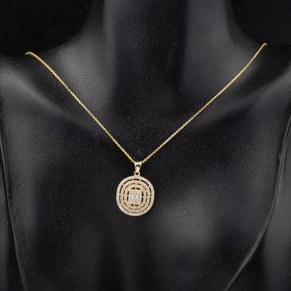 14K Yellow Gold Round Design Baguette Cubic Zirconia Necklace