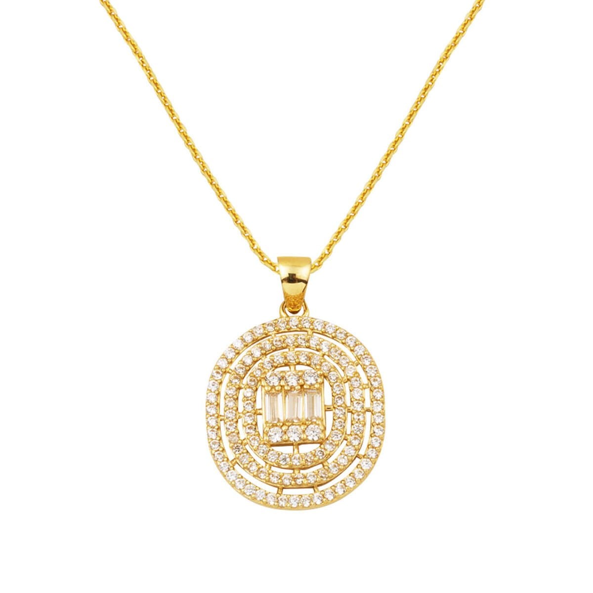 14K Yellow Gold Round Design Baguette Cubic Zirconia Necklace