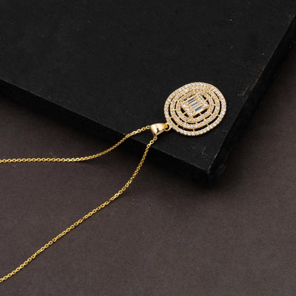 14K Yellow Gold Round Design Baguette Cubic Zirconia Necklace