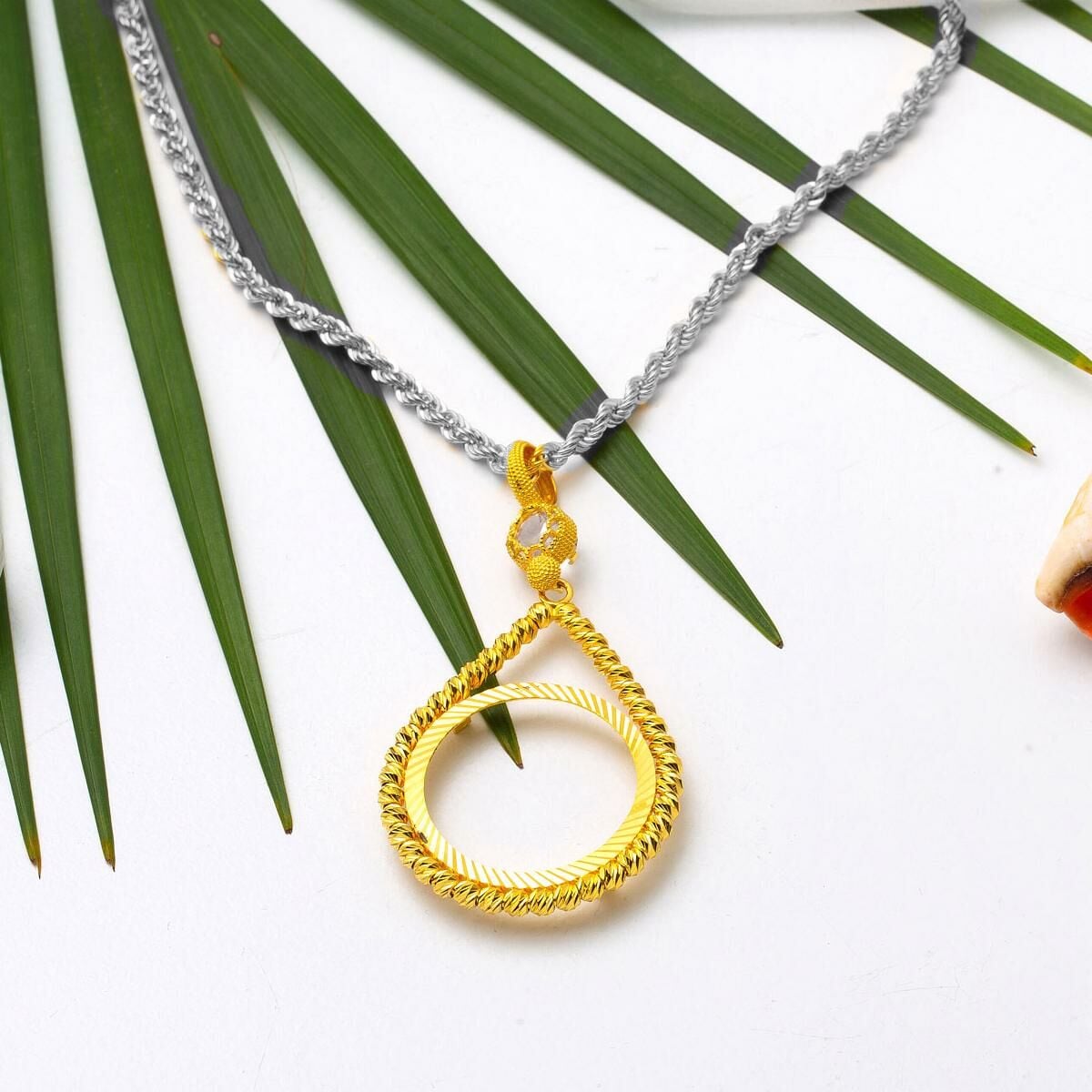14K Yellow Gold Chainless Ottoman Resat Coin Gold Bead Bezel Cubic Zirconia Holder Pendant