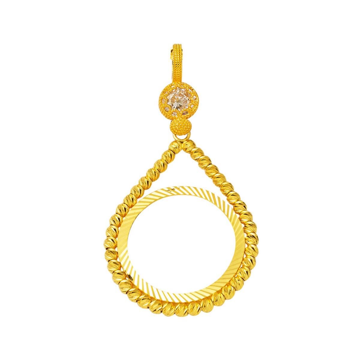 14K Yellow Gold Chainless Ottoman Resat Coin Gold Bead Bezel Cubic Zirconia Holder Pendant
