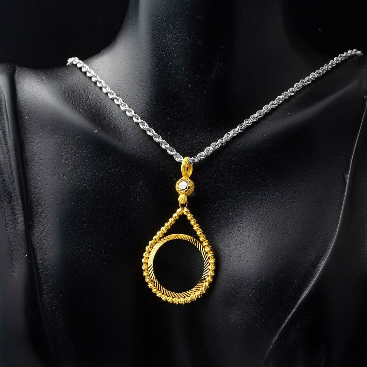 14K Yellow Gold Chainless Ottoman Resat Coin Gold Bead Bezel Cubic Zirconia Holder Pendant