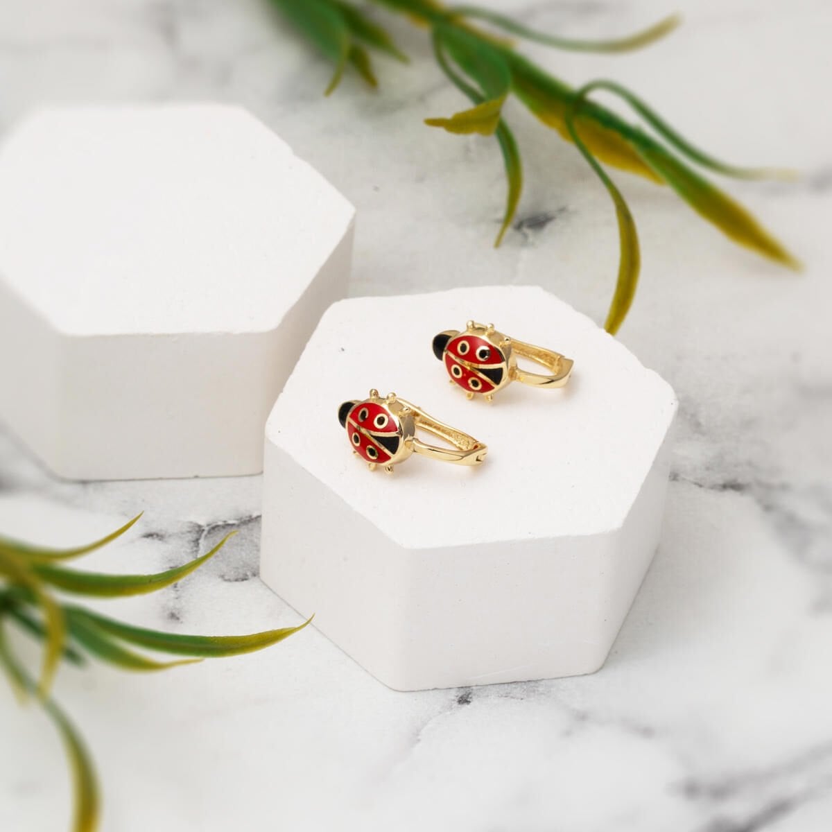 14K Yellow Gold Ladybug Enamel Children's Earrings