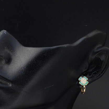 14K Yellow Gold Water Green Clover Enamel Children's Earrings