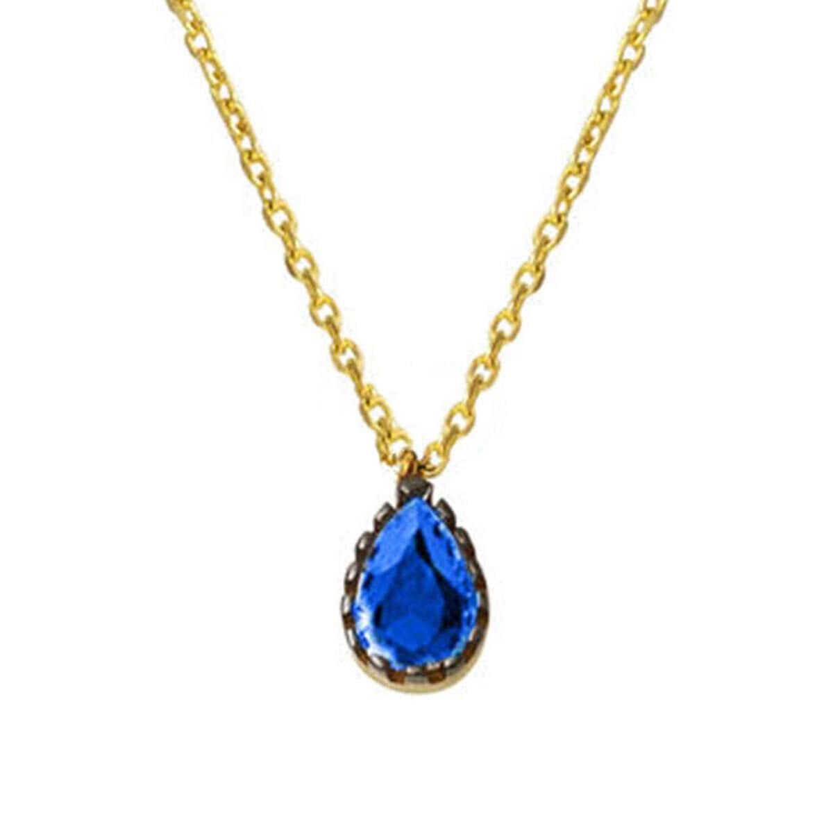 14K Yellow Gold Navy Blue Teardrop Cubic Zirconia Necklace (1.42 g)