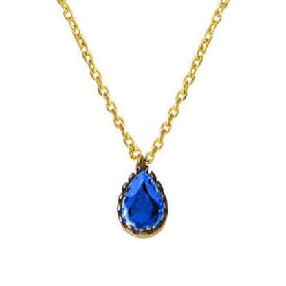 14K Yellow Gold Navy Blue Teardrop Cubic Zirconia Necklace (1.42 g)