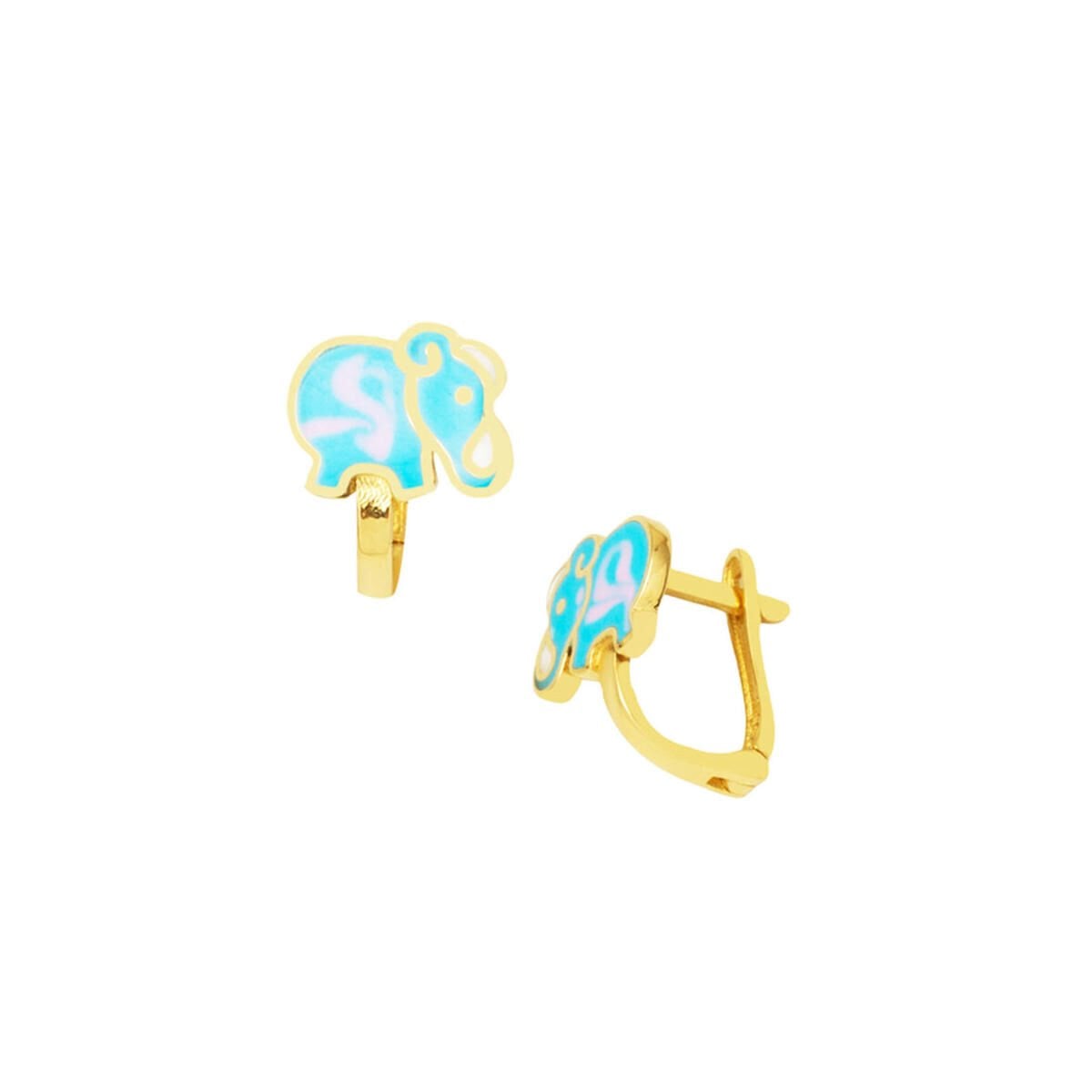 14K Yellow Gold Blue Elephant Enamel Children's Earrings