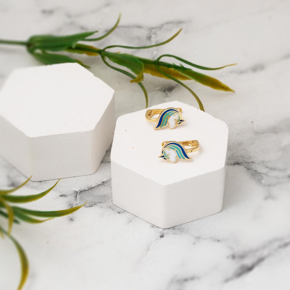 14K Yellow Gold Blue Enamel Unicorn Children's Earrings