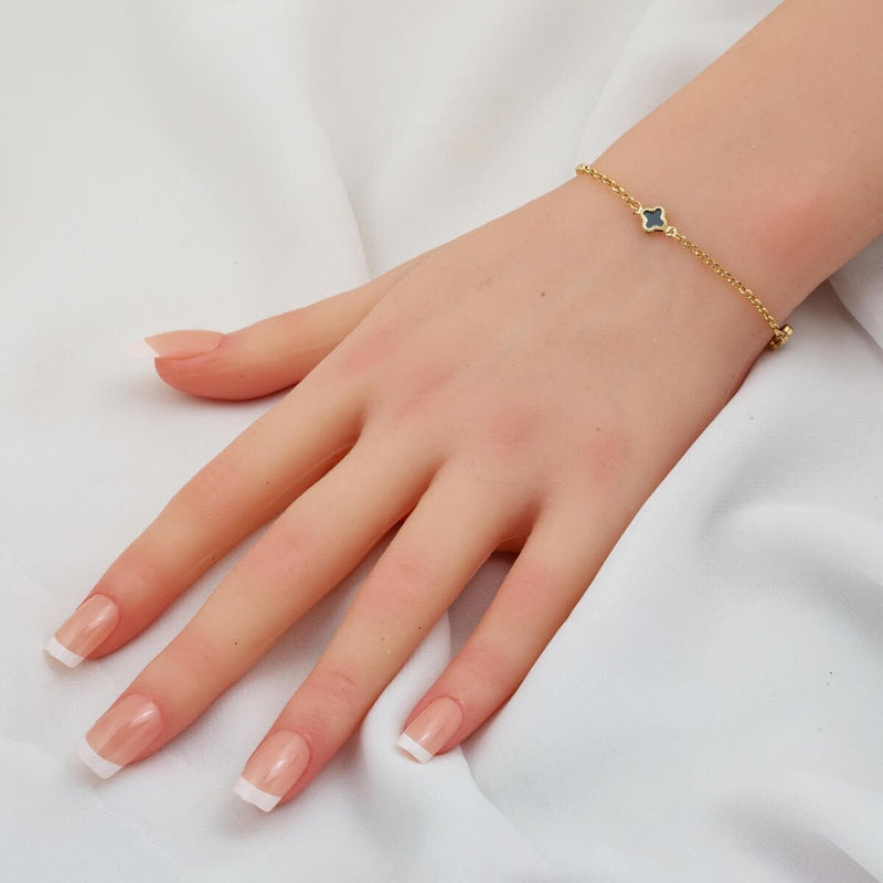 14K Yellow Gold Black Clover Chain Onyx Bracelet