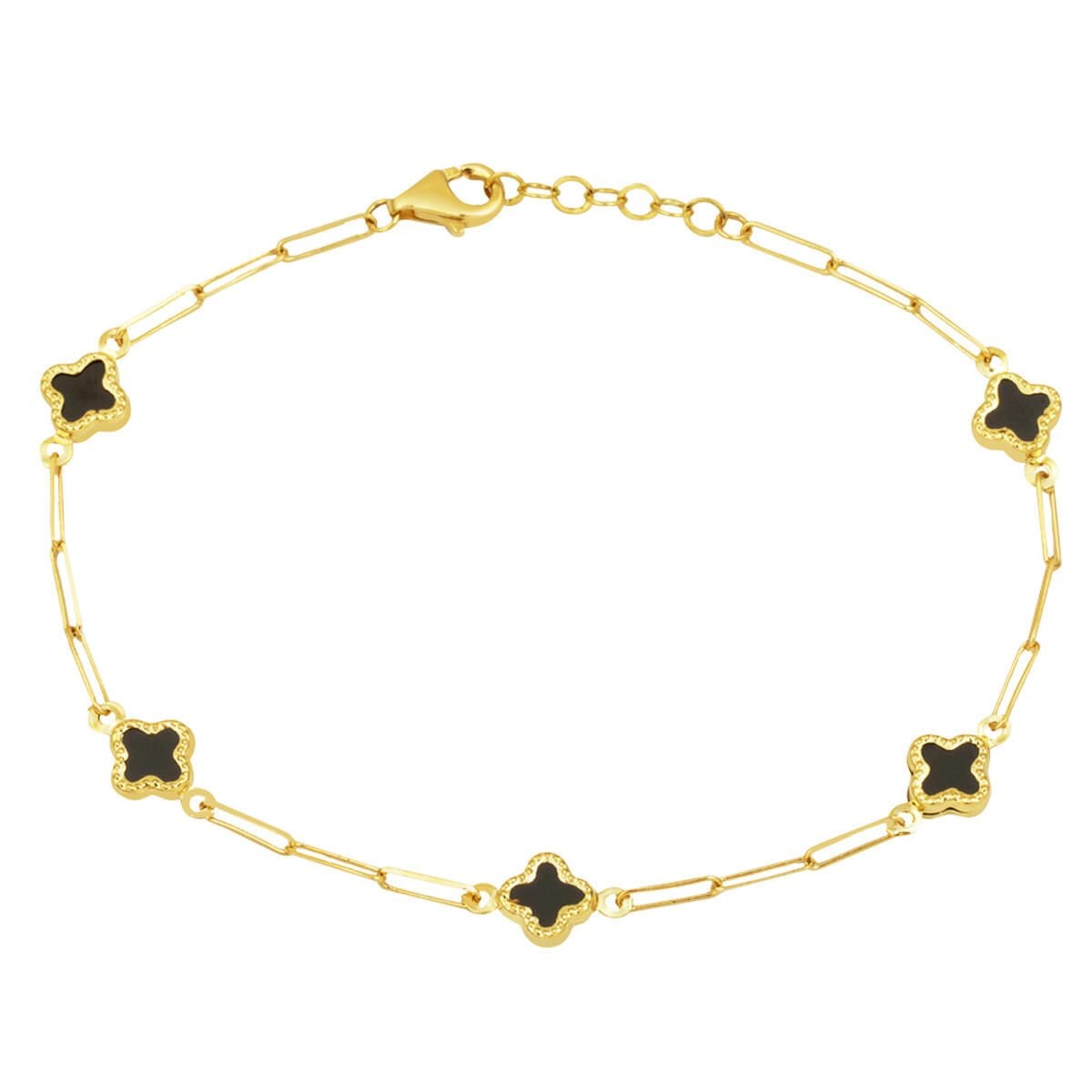 14K Yellow Gold Black Clover Paperclip Chain Onyx Bracelet