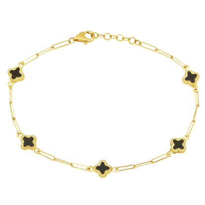 14K Yellow Gold Black Clover Paperclip Chain Onyx Bracelet