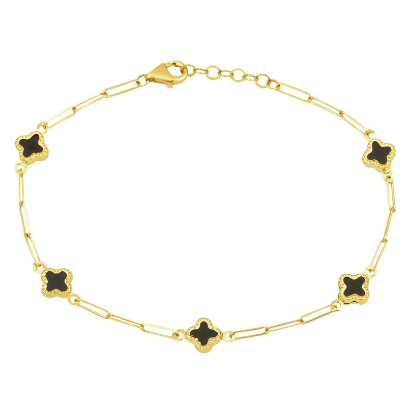 14K Yellow Gold Black Clover Paperclip Chain Onyx Bracelet