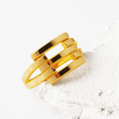 14K Yellow Gold Three Row Ribbed Ring